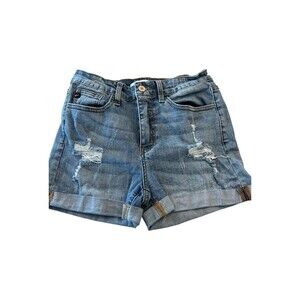 KanCan Denim Shorts Women 27 Blue Distressed Cuffed Hem Mid Rise Stretch Jean